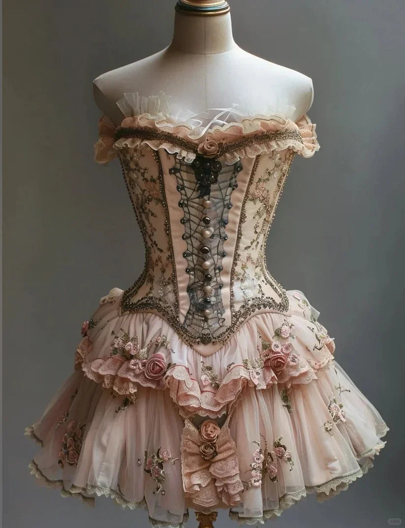 Retro Strapless 3D Flowers Design Lolita Princess Dress A-line Beaded Chiffon Party Dress Homecoming Dress TP4087