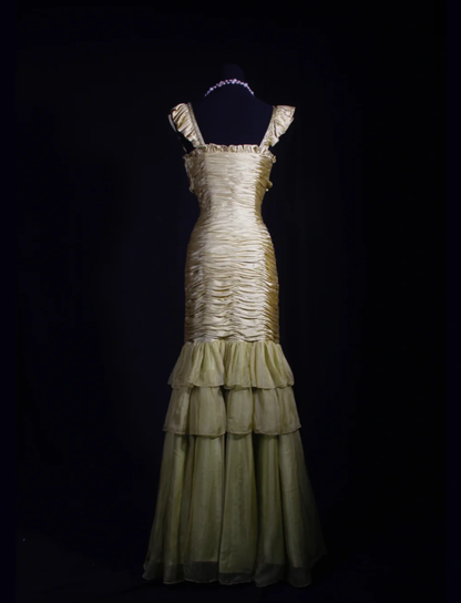 Chic Yellow-Green Satin Pleated Mermaid Long Party Dress Evening Gown