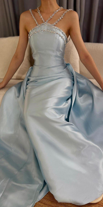 Gorgeous Blue Sleeveless Satin Beaded Mermaid Long Prom Dress Evening Gown
