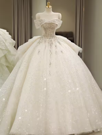 Off Shoulder Wedding Dresses, Large Trailing Princess Tail Dress, Backless White Wedding Dress Y6868