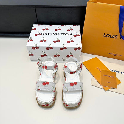 LV Maya Platform Sandals Cherry Motif 6cm White Cowhide Denim 572494