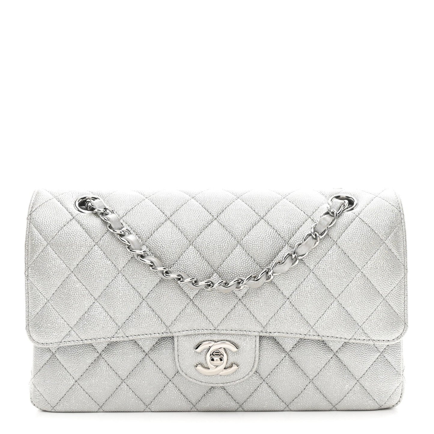 Glittered Metallic Caviar Quilted Medium Double Flap Silver