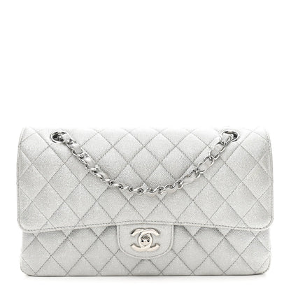 Glittered Metallic Caviar Quilted Medium Double Flap Silver