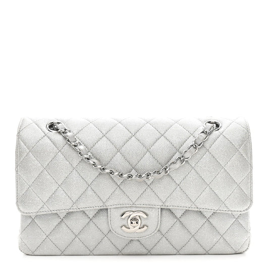 Glittered Metallic Caviar Quilted Medium Double Flap Silver