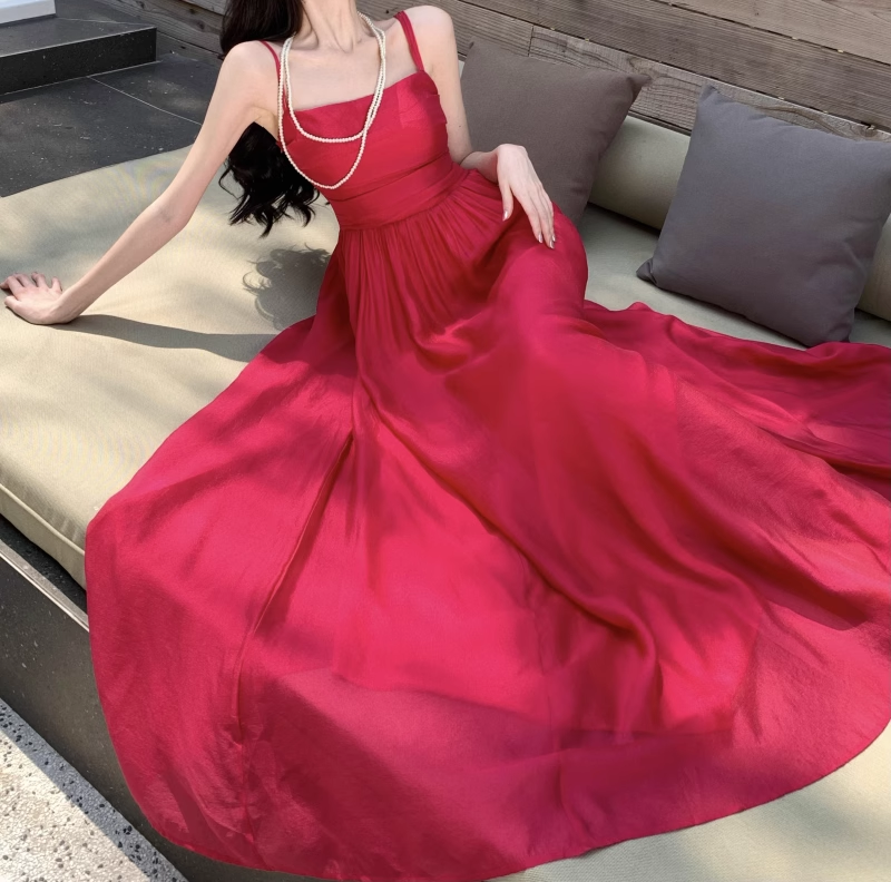 New Elegant Stylish Rose Red High-waisted Spaghetti Strap Dress TP2990