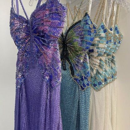 Vintage Purple Strap Chiffon Halter Back High Slit Beaded Evening Gown Prom Dress P3251