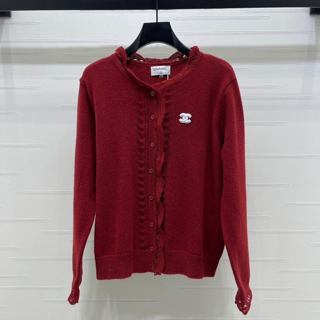 CC 26 Lace-Trimmed Knit Cardigan Red Wool 340992