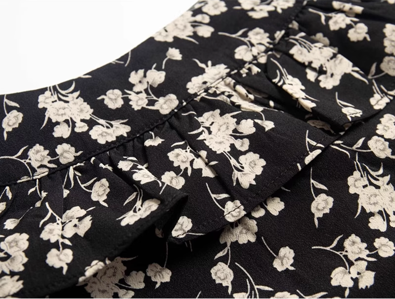 2025 Summer New French Black Floral Ruffled Medium Length Square Neck Dress R0914