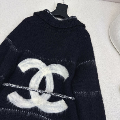 CC Mohair Wool Fluffy Black and White Belt Cardigan