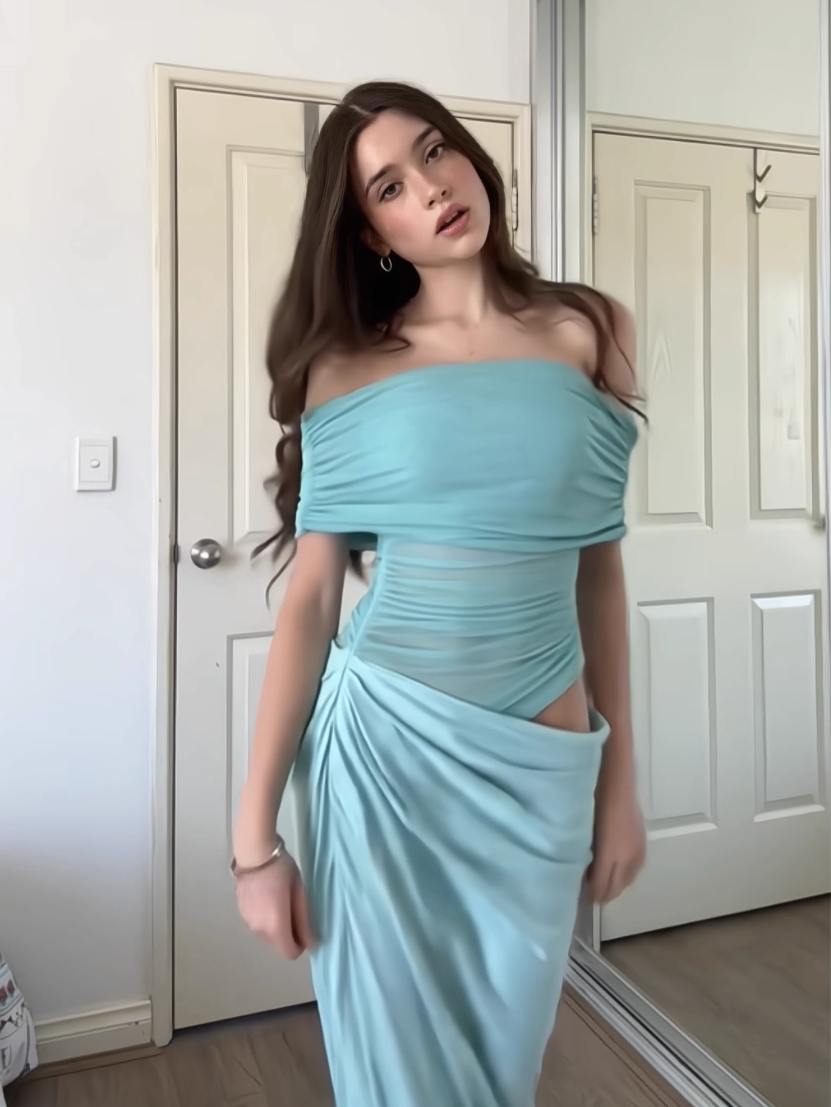 Chic Turquoise Sheath Evening Gown Off-the-shoulder Party Dress Tulle Long Formal Dress TP4927