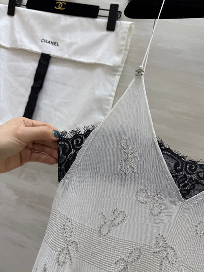 CC Rhinestone Bow Jacquard Embroidered Lace Dress White Cotton 346488