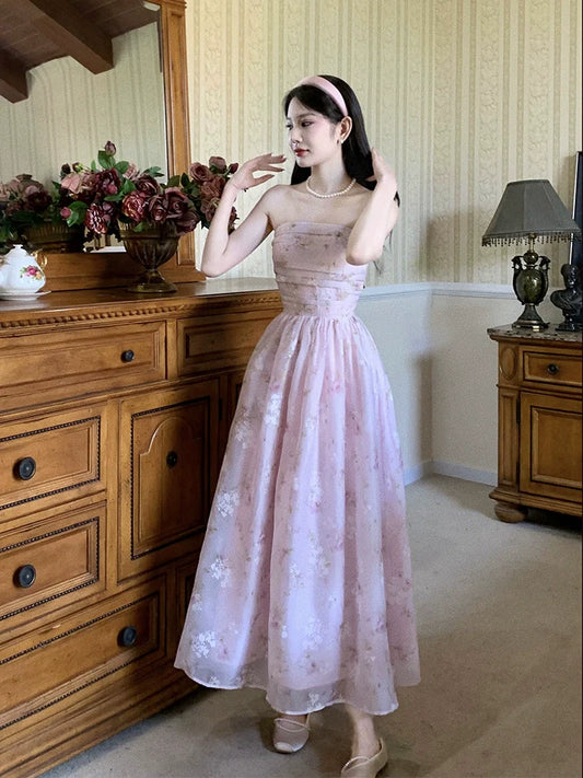 Pink dress with detachable straps, sweet floral dress         S6016