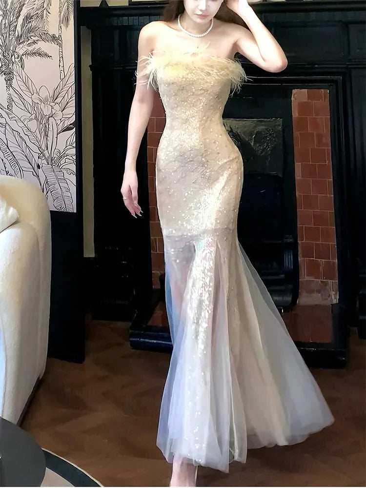 Feather strapless mermaid dress long party dress       S6033