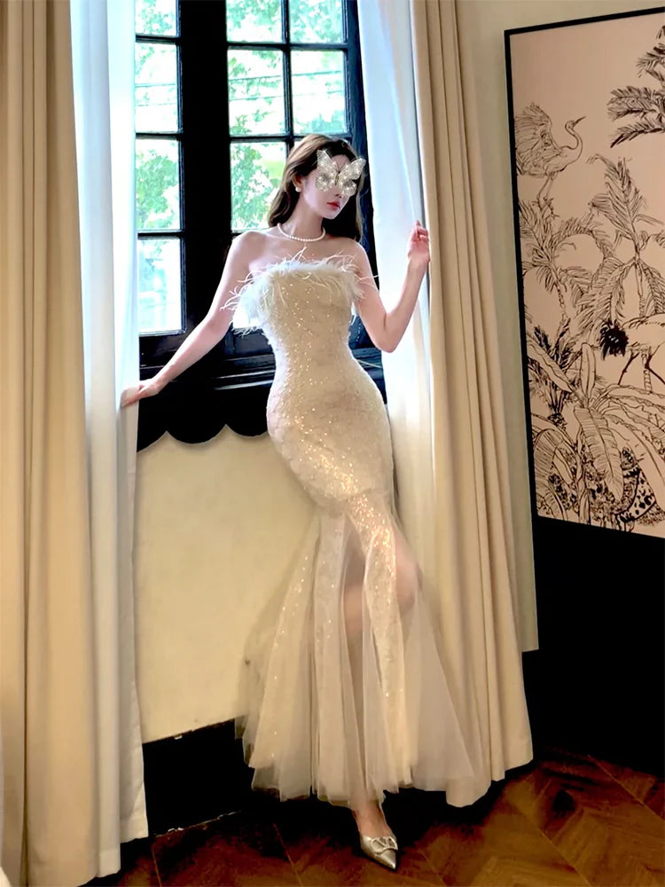 Feather strapless mermaid dress long party dress       S6033