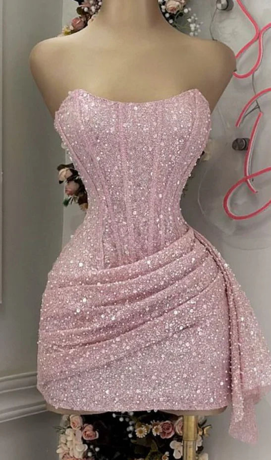 Cute Pink Shiny Sequin Strapless Bodycon Short Party Dress Cocktail Dress Homecoming Dress TP4369