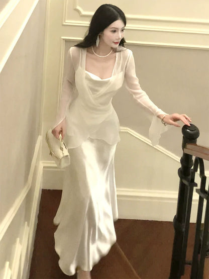 cardigan long sleeve jacket top satin long dress    S6011