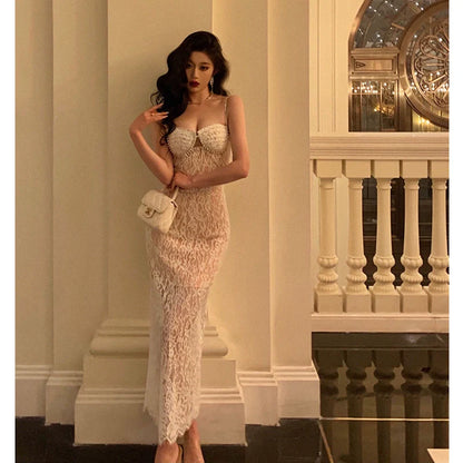 Sexy lace suspender dress new design long party dress     S5644