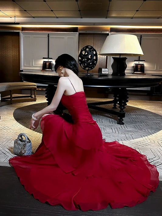 Design Red ruffled dress mermaid long party dress    S6047