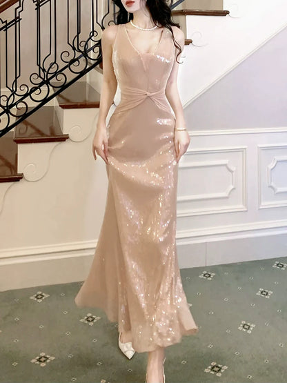 sequined dress V-neck long party dress     S6031