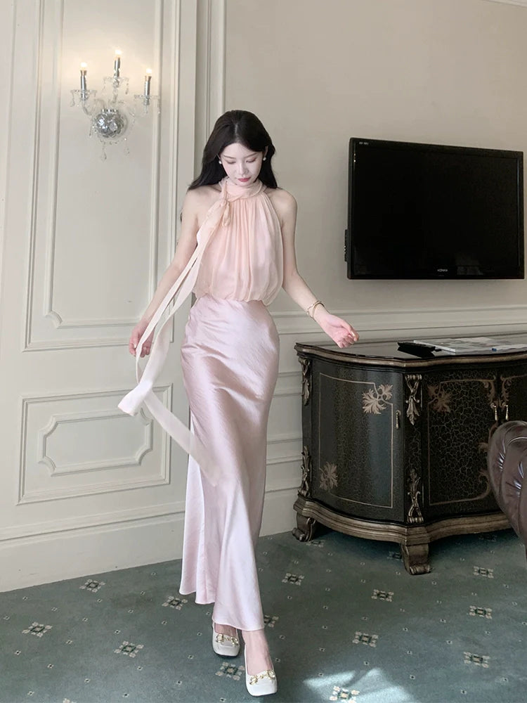 Silk satin mermaid halter neck dress long evening gown       S5982