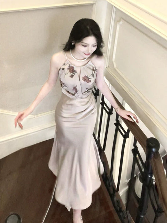 Satin printed mermaid dress long party dress      S6040