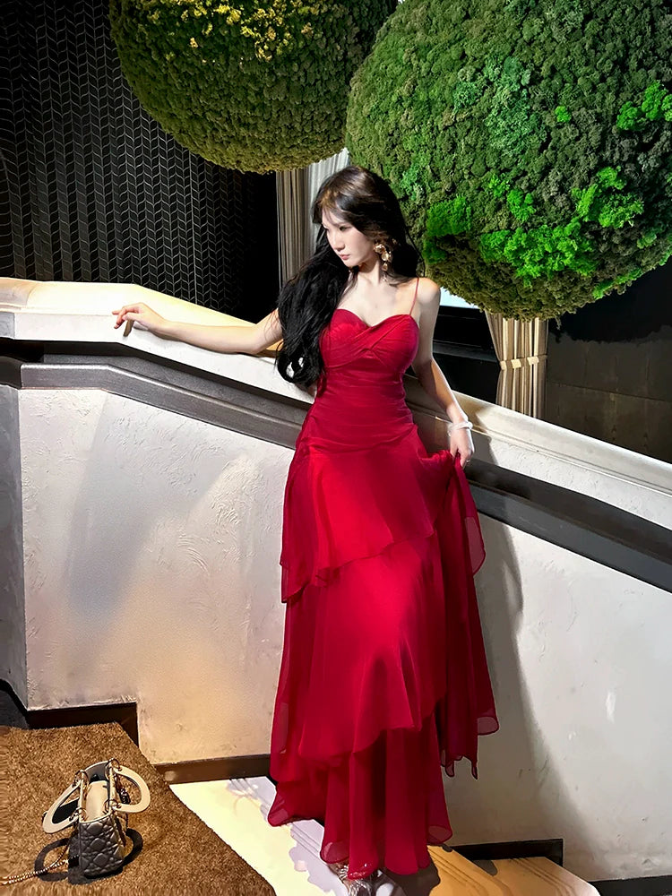 Design Red ruffled dress mermaid long party dress    S6047