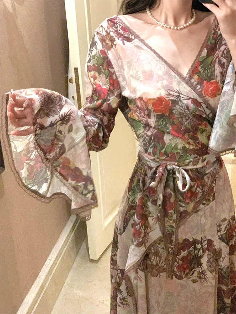 French retro printed dress layered long evening party dress     S5987