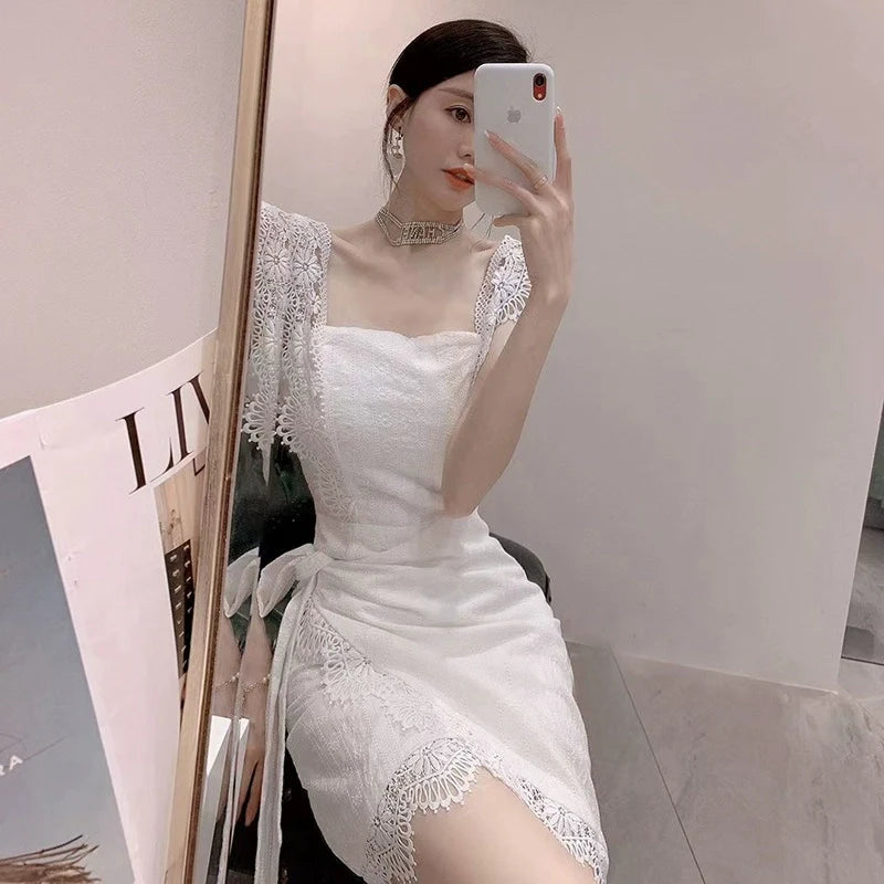 sleeveless white lace short party dress    S5839