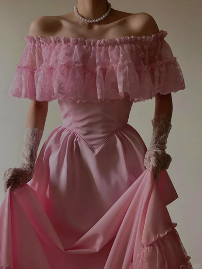 Vintage Long Pink Prom Dresses A-Line Off Shoulder Evening Party Gowns      S6292