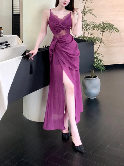 retro lace purple dress seaside holiday party dress     S6095