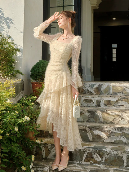 Lace Embroidery Long Sleeve Dress Retro Velvet Princess Dress     S6155