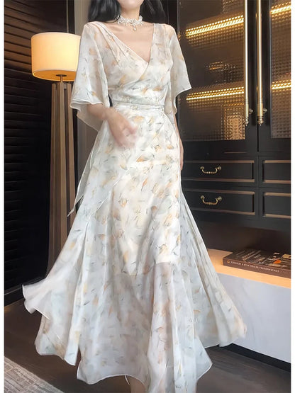 Floral V-neck summer suspender dress sleeves,long party dress       S6158