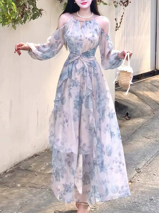 Chiffon printed dress women's seaside holiday long dress party dress     S6153