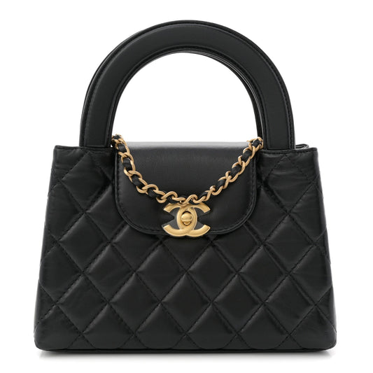 Shiny Aged Calfskin Quilted Nano Kelly Shopper Black