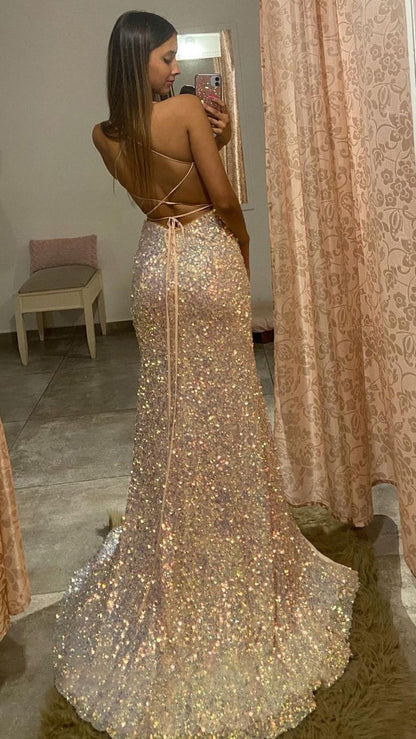 Plunging V-Neck Sequins Prom Dresses,Sparkle Prom Evening Dress With Side Slit TP12