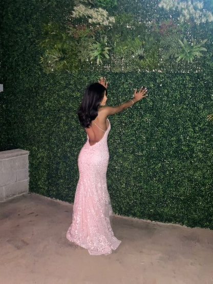 omberprom Mermaid Formal Wear Dresses Pink Tulle Lace Long Prom Dresses Appliques Backless Evening Party Dress