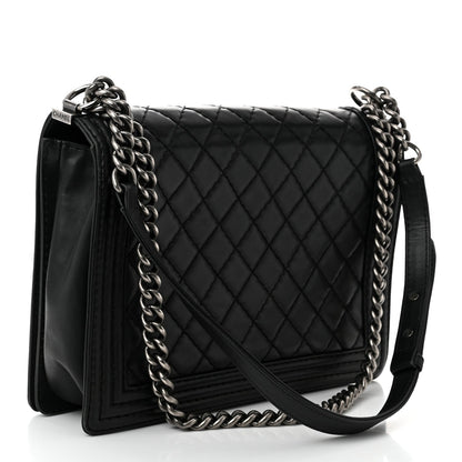 Calfskin Double Stitch Large Boy Flap Black
