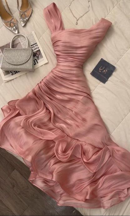 Pink Asymmetric Ruched Mermaid Evening Dress _ Satin Ruffled Formal Gown TP5072
