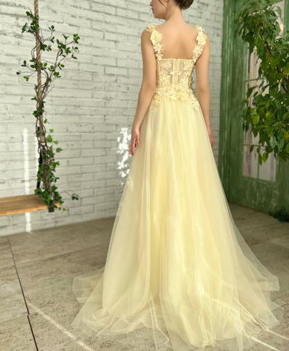 Sleeveless Evening Dress With Flowers A Line Formal Gown