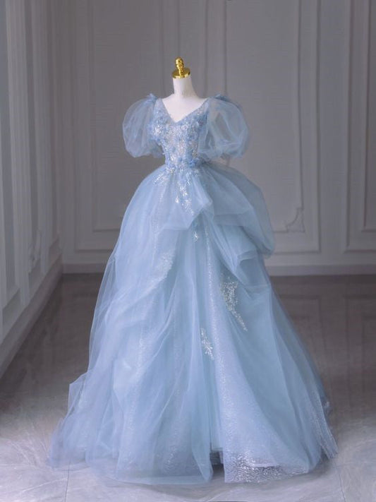 Blue Prom Dresses V Neck Long Evening Gown