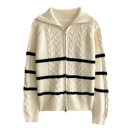 double zipper casual striped sweater jacket   S4772