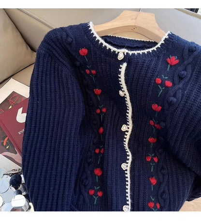 embroidered round neck knitted cardigan for women  long-sleeved sweater jacket    S4828