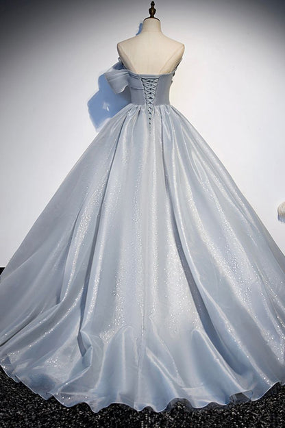 Gray Tulle Long A-Line Prom Dress, Gray Strapless Formal Evening Gown       S5383