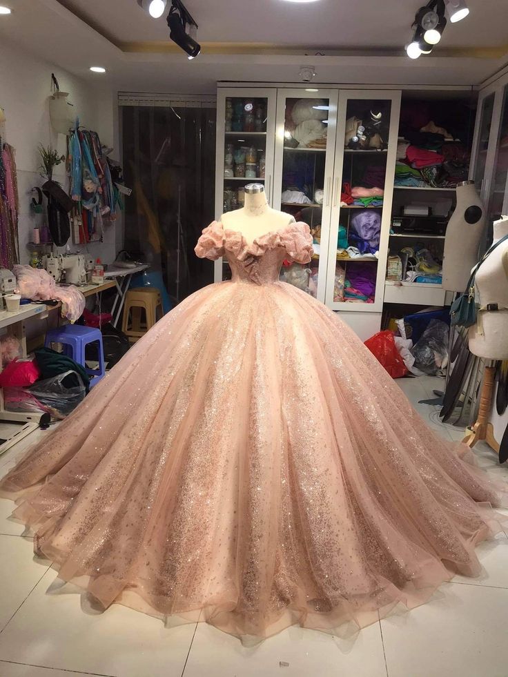 Champagne Pink Sparkly Dress Long Evening Dress Princess Sparkly Pink Dress Quinceanera Dress Ball Gowns