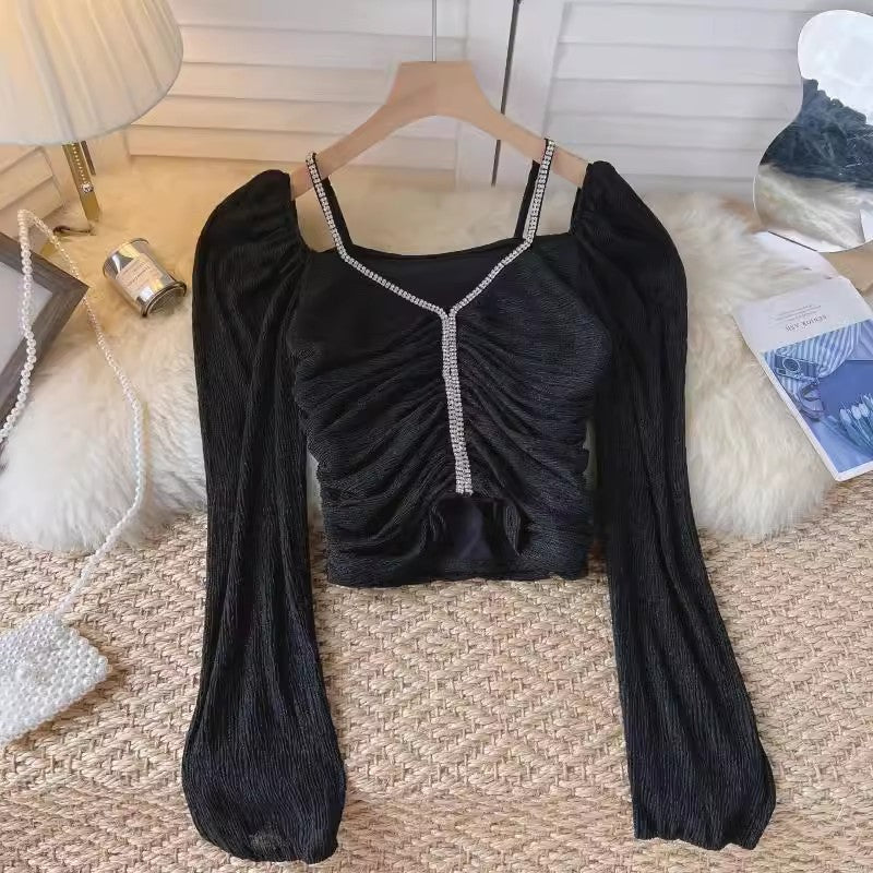 design beaded off-shoulder lantern sleeve shirt top women's short pleated top    S4662