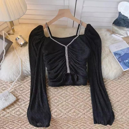 design beaded off-shoulder lantern sleeve shirt top women's short pleated top    S4662