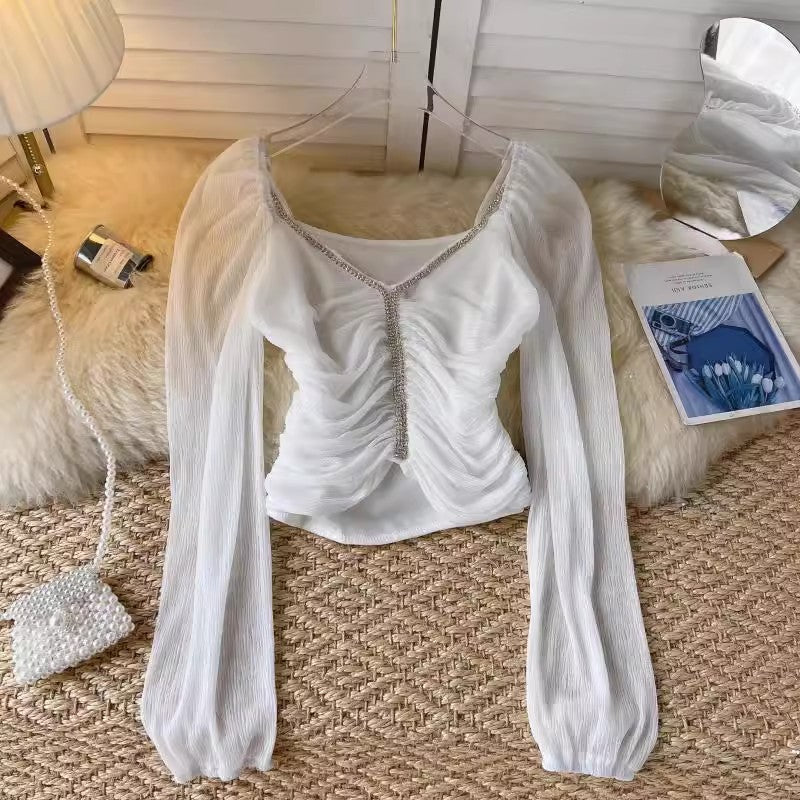 design beaded off-shoulder lantern sleeve shirt top women's short pleated top    S4662