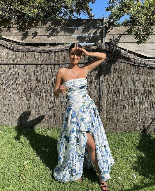Strapless Print Floral Long Prom Dress Evening Gown