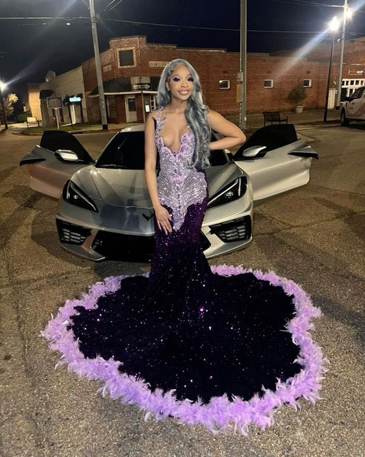 Sequin mermaid Dress for Girls Sparkling Diamond Crystal Beads Feather Formal Evening Party Dress Chic Evening Gown