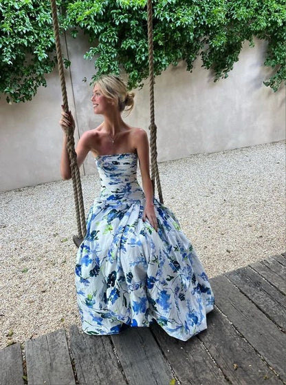 Strapless Print Floral Long Prom Dress Evening Gown